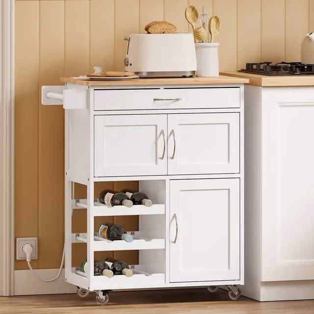SoBuy Kitchen Trolley in White with Wood Top, USB Power, and Bottle Rack