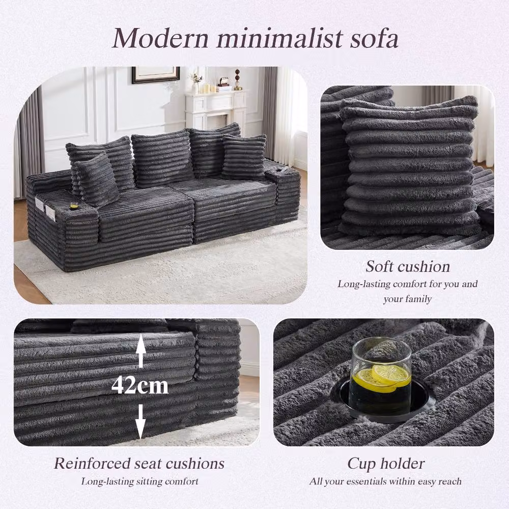 Rolipo Dark Grey Corduroy Convertible Sleeper Sofa with Cup Holders – 5