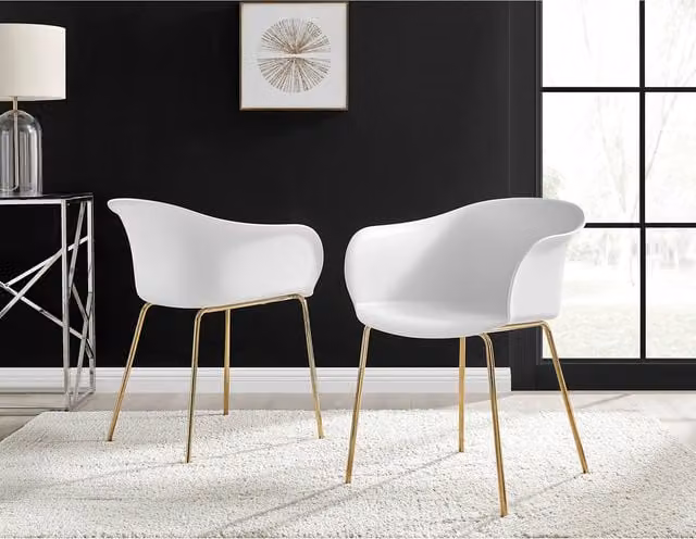 FurnitureboxUK Set of 2 Harper White Plastic Dining Chairs with Gold Metal Legs