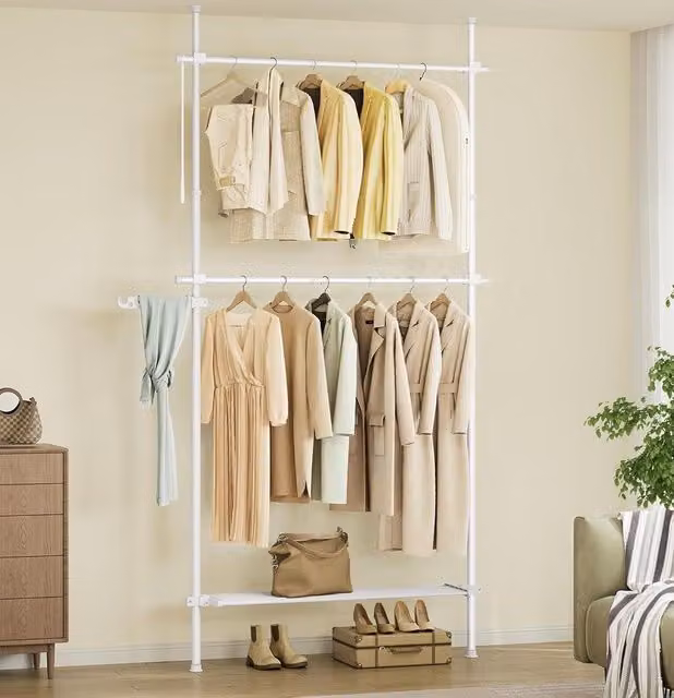 SONGMICS Adjustable Floor to Ceiling Clothes Rail with Shelves in White – 1