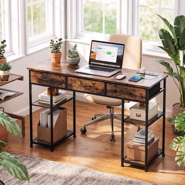 STILVORA Brown Computer Desk with USB, Outlets, Drawers and Shelves, W: 120 cm, D: 40 cm, H: 76 cm