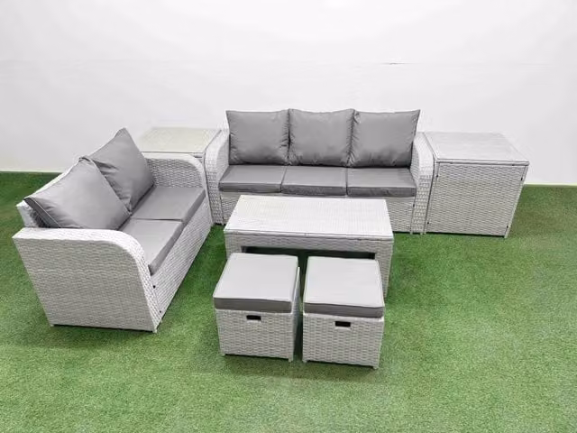 Fimous 7 Seater Grey PE Rattan Wicker Garden Furniture Set with Oblong Coffee Table, 3 Seater Sofa, Love Seat, 2 Stools and 2 Side Tables