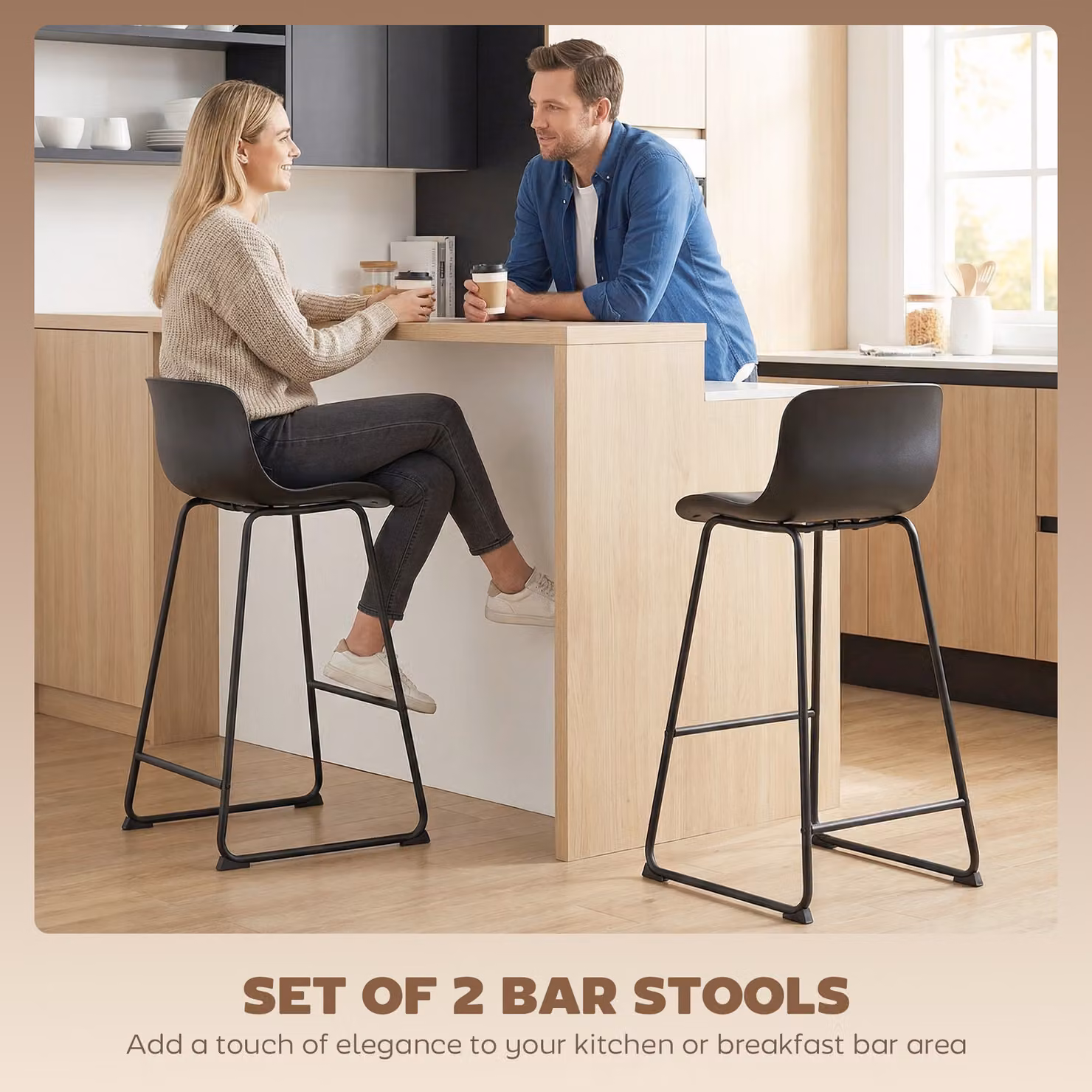 HOMCOM Set of 2 Modern Black PU Leather Bar Stools with Metal Legs – 4