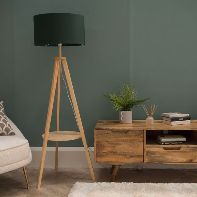 Morrigan Wood Tripod Floor Lamp with Green Fabric Drum Shade