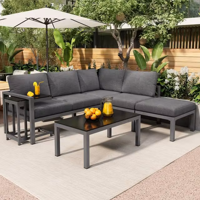 Modern Grey Outdoor Terrace Lounge Sofa Set with Coffee Table and Galvanised Steel Frame