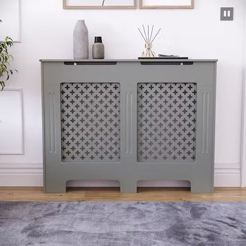 Vida Designs Oxford Radiator Cover in Olive Grey with Traditional Cross Pattern Design, H82 x W111 x D19 cm – 3