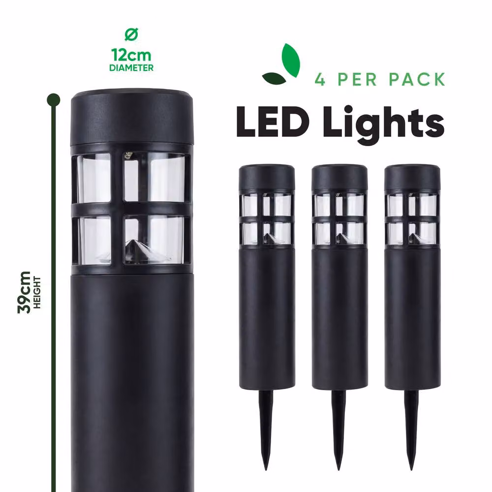 Gardenwize Pack of 4 Solar LED Pillar Stake Lights in Black with Warm White Illumination – 2