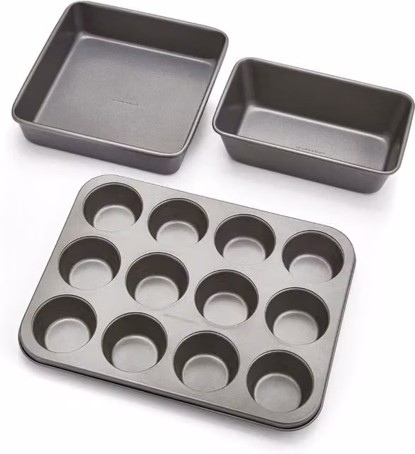 Morphy Richards Non-Stick Baking Set including Muffin Tin, Square Cake Tin and 2lb Loaf Tin in Grey