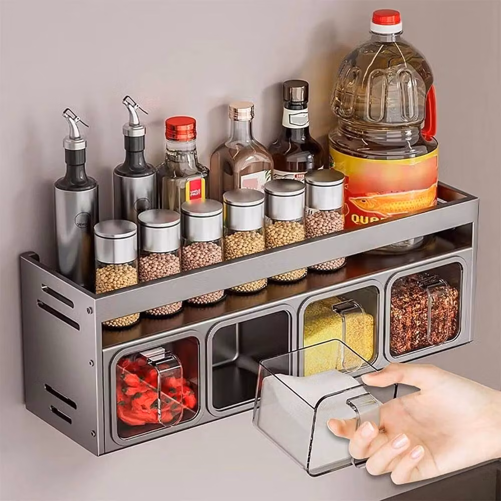 NESTLUNE Grey Wall-Mounted Spice and Herb Jar Rack Holder for Kitchen Storage, W: 100 cm, H: 60 cm, D: 60 cm – 4