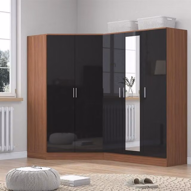 REFLECT Black Gloss and Matt Walnut Wardrobe Bundle featuring a Corner Unit and a 3-Door Mirrored Wardrobe