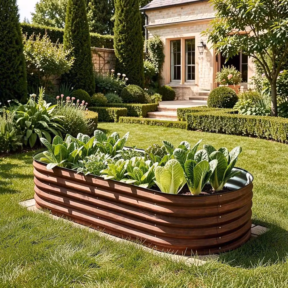FLAVORA Oval Brown Metal Raised Bed Vegetable and Flower Planter, W: 240 cm, D: 80 cm, H: 43 cm – 6