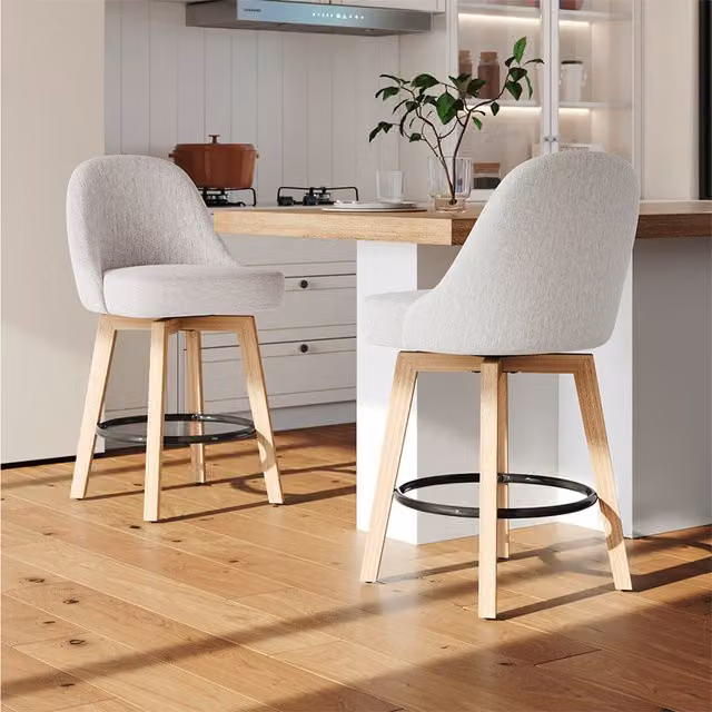 Livingandhome Set of 2 Swivel Bar Stools with Wooden Legs and Round Footrest in Beige