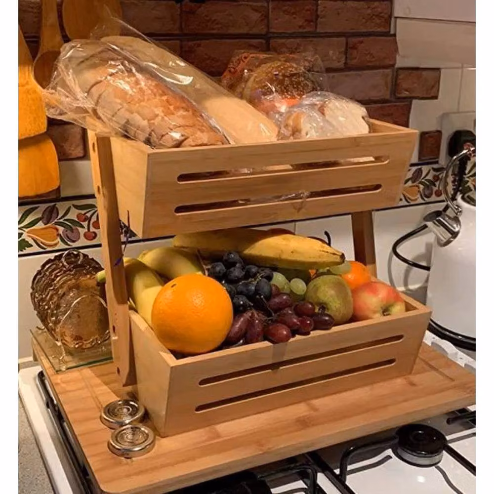 PAWNORA 2 Tier Bamboo Fruit Basket and Bread Storage Stand in Brown, W: 100 cm, D: 15 cm – 2