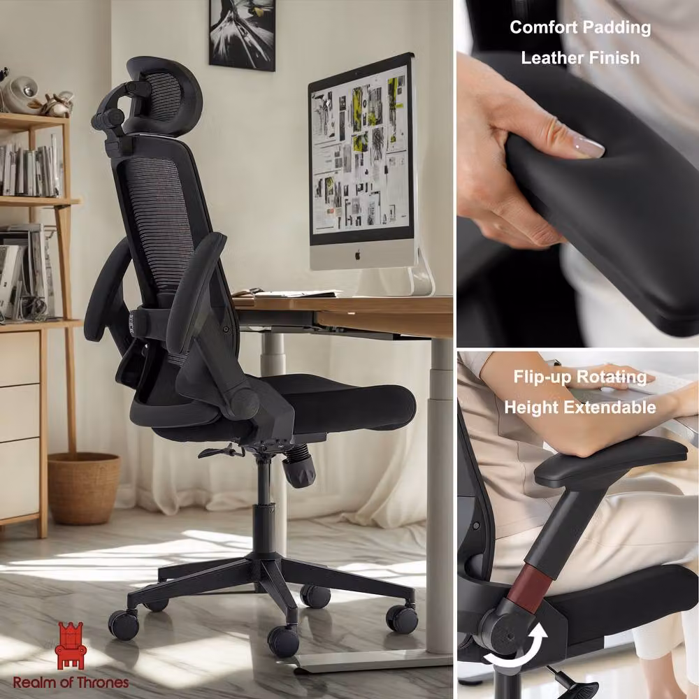 Realm of Thrones Black High-Back Mesh Office and Gaming Chair with 3D Headrest and Lumbar Support – 4