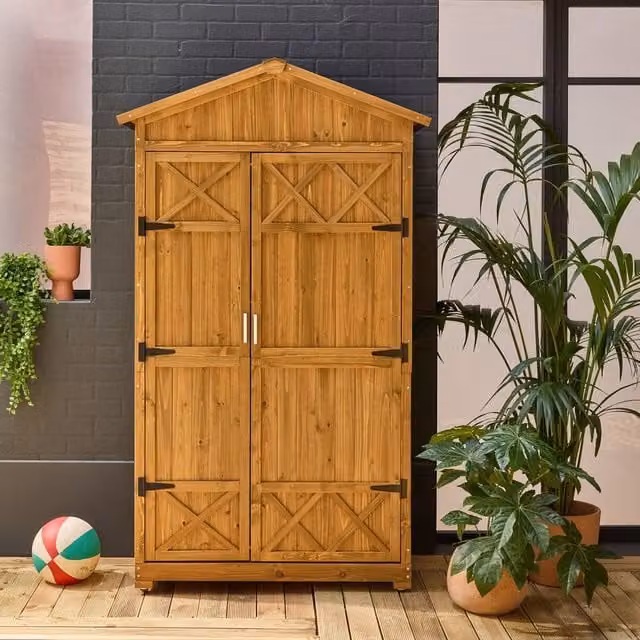 Sweekeek Brown Fir Wood Garden Shed with Double Doors and Shelving, W: 105 cm, D: 55.5 cm, H: 178.5 cm – 1