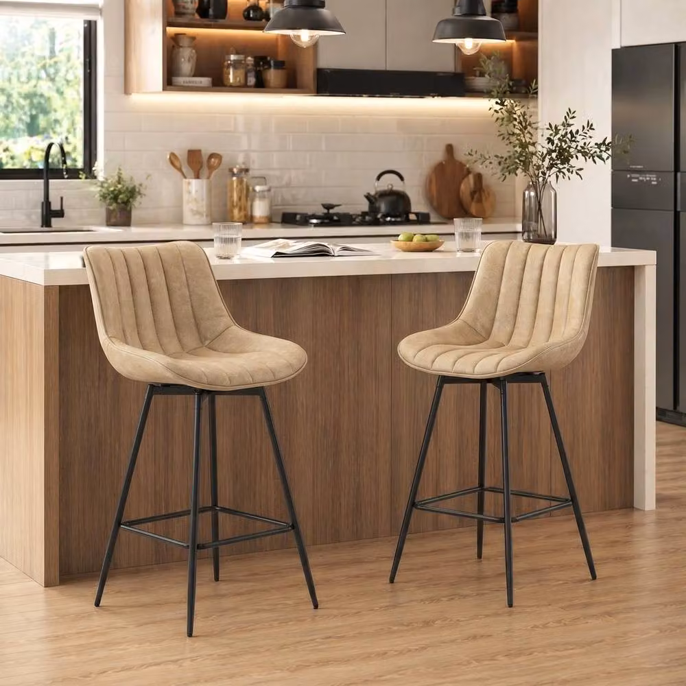 Havendro Set of 2 Modern Swivel Bar Stools in Brown PU Leather – 2