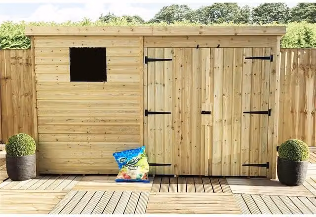 Marlborough Pressure Treated Pent Garden Shed with Double Doors in Natural Brown
