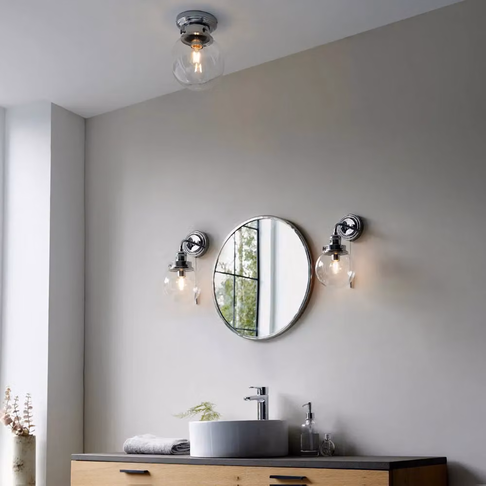 Loops Decorative Flush Bathroom Ceiling Light Fitting with Transparent Glass Shade and Chrome Metal Finish, Dimmable – 2