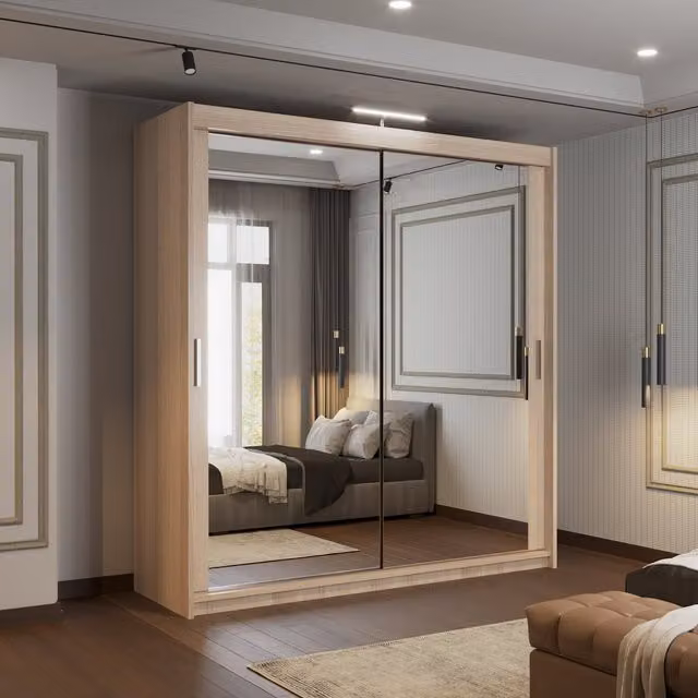 Sliding Door Wardrobe with Mirror, Shelves, Hanging Rod and Integrated LED Lighting by Sliding Wardrobes 4u in White and Brown, W/D/H: 90 x 90 x 203 cm