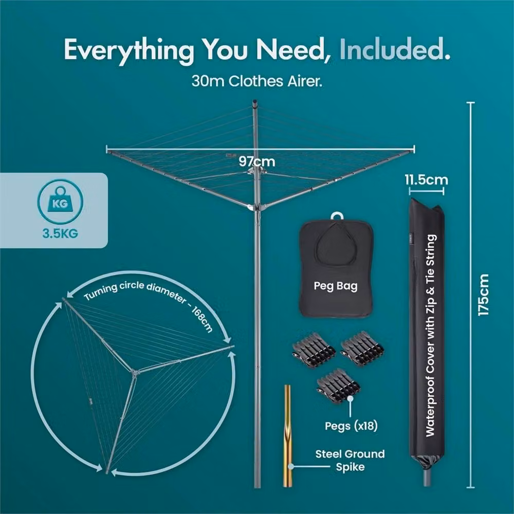 Nordara 30M Collapsible Rotary Washing Line in Grey, W/D/H: 100 x 15 x 15 cm – 2