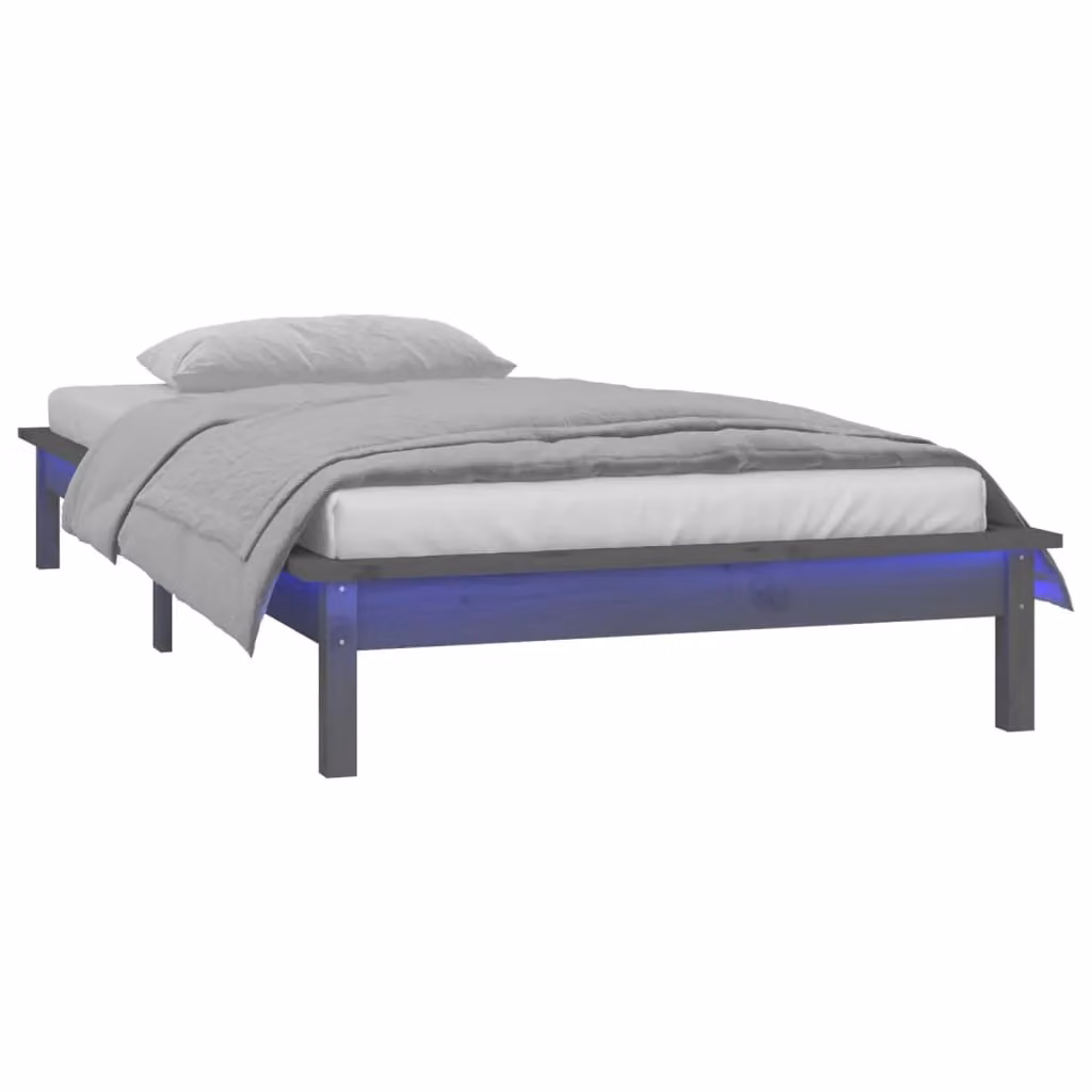 Berkfield Home Grey Solid Pine Wood LED Bed Frame with Under-Bed Lighting and USB Charging Port, W/D/H: 90 x 200 cm – 3