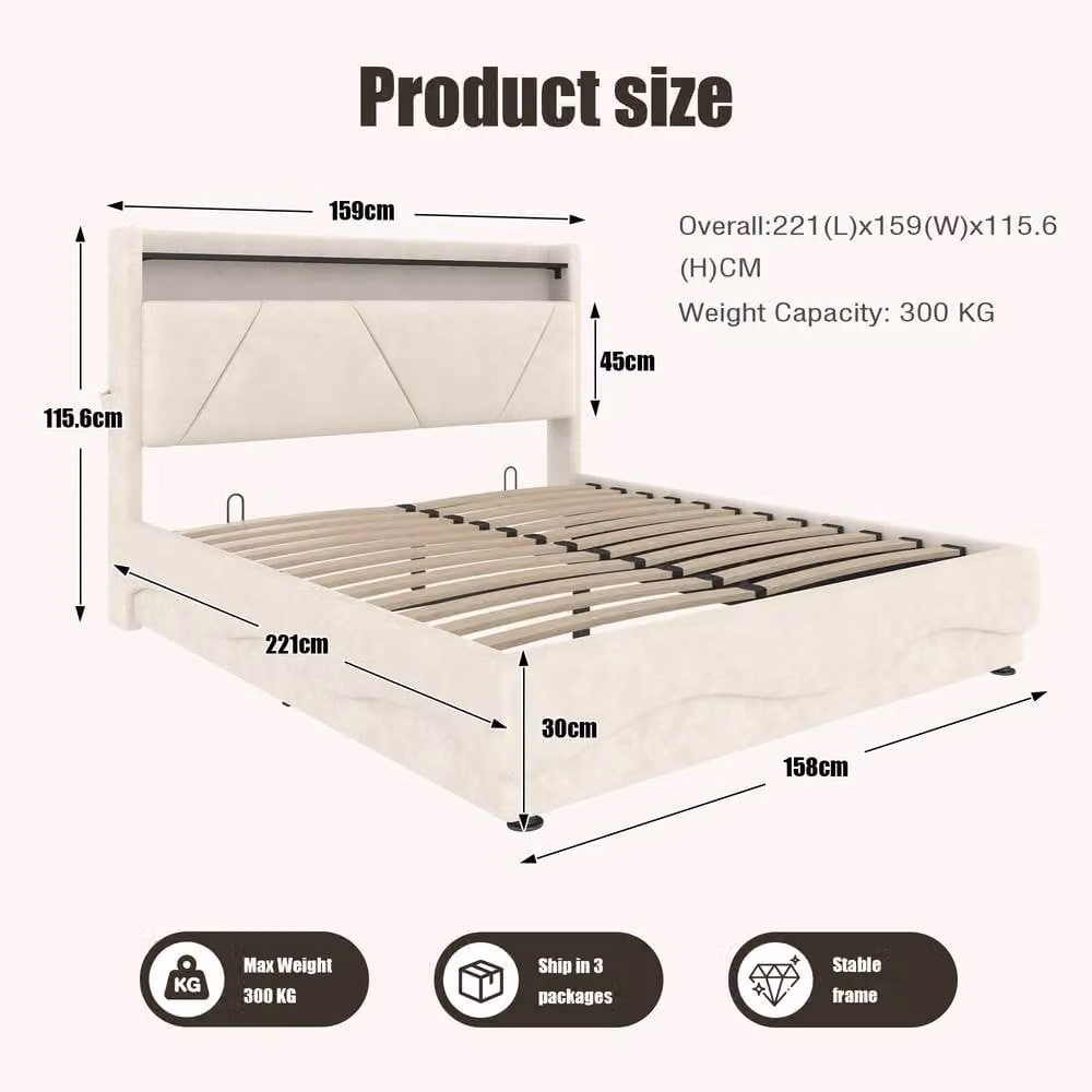 BTM King LED Ottoman Bed with USB Charging Ports and Storage Shelves, Beige, W: 150 cm, D: 200 cm – 2