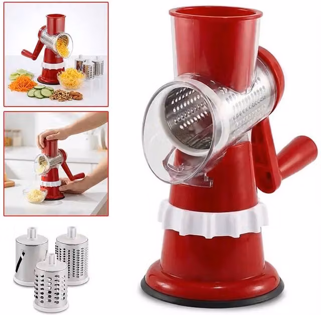 VOGREX Red 3-in-1 Stainless Steel Rotary Grater, Slicer and Shredder Chopper with Multiple Blades and Non-Slip Base – 1