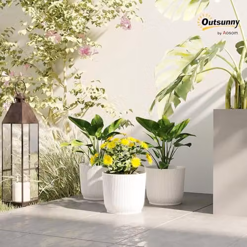 Outsunny Set of 3 White Plastic Round Plant Pots and Garden Planters, Diameter: 22 cm – 2