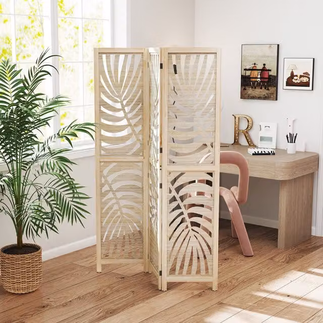 HOMCOM 3 Panel Floral Room Divider Privacy Screen in Natural Wood Finish with Brown and Yellow Accents