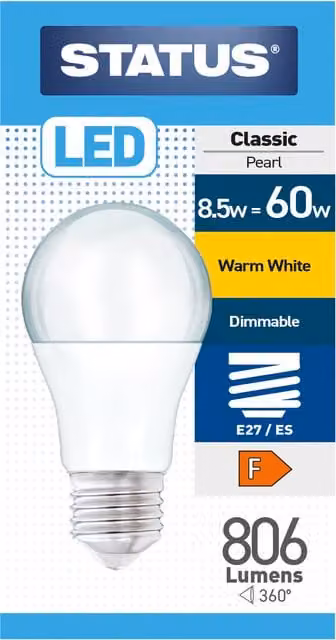 Status 8.5W E27 Dimmable Pearl LED Bulbs, Warm White (60W Equivalent)