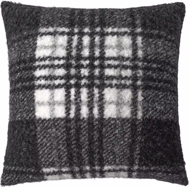 Divante Fraser Check Faux Wool Square Cushion in Monochrome Black, White and Grey
