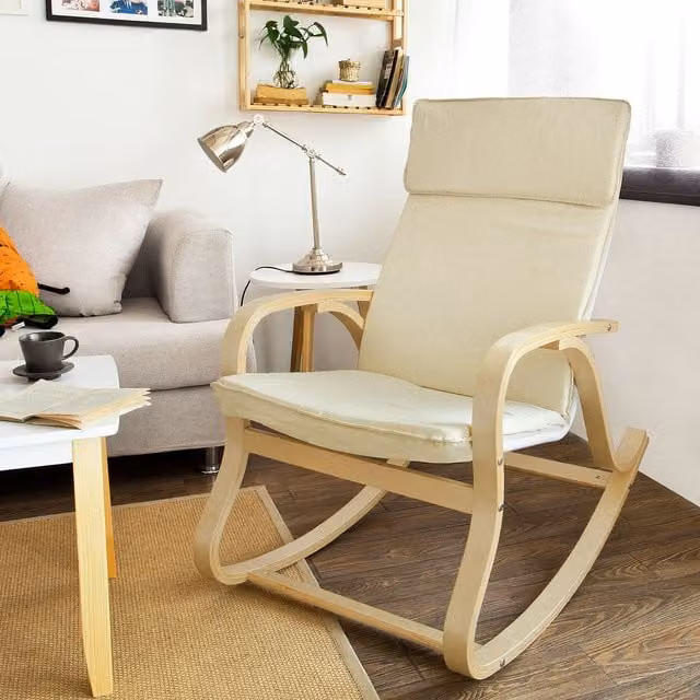 SoBuy White Fabric Scandinavian Rocking Chair with Armrests and Birch Wood Frame