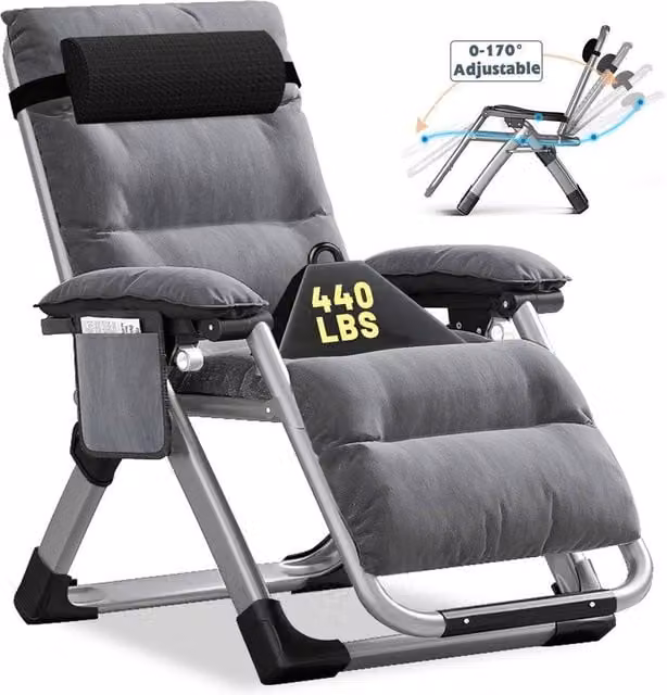 EONLION Grey Padded Zero Gravity Lounge Chair with Adjustable Headrest and Armrests – 1