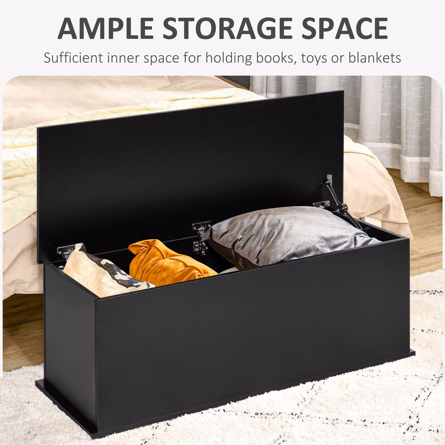 HOMCOM Black Wooden Storage Bench and Seating Ottoman with Soft-Close Lid, W/D/H: 100 x 60 x 40 cm – 4