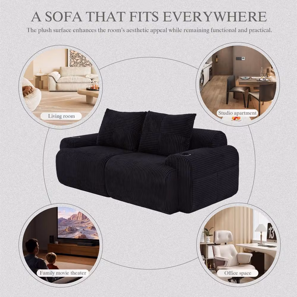 Matteo Black Modular 2-Seater Corduroy Sofa with Cup Holders and Storage – 6