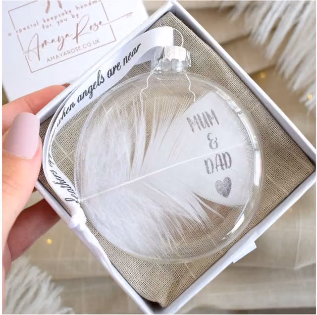 Amaya Rose Ltd In Memory of Mum & Dad Round Glass Bauble with Feather Detail in Clear and White