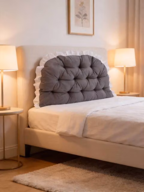 Living and Home Ruffled Tufted Princess-Style Bed Backrest Pillow in Grey and White, W/H: 100 x 50 cm – 1