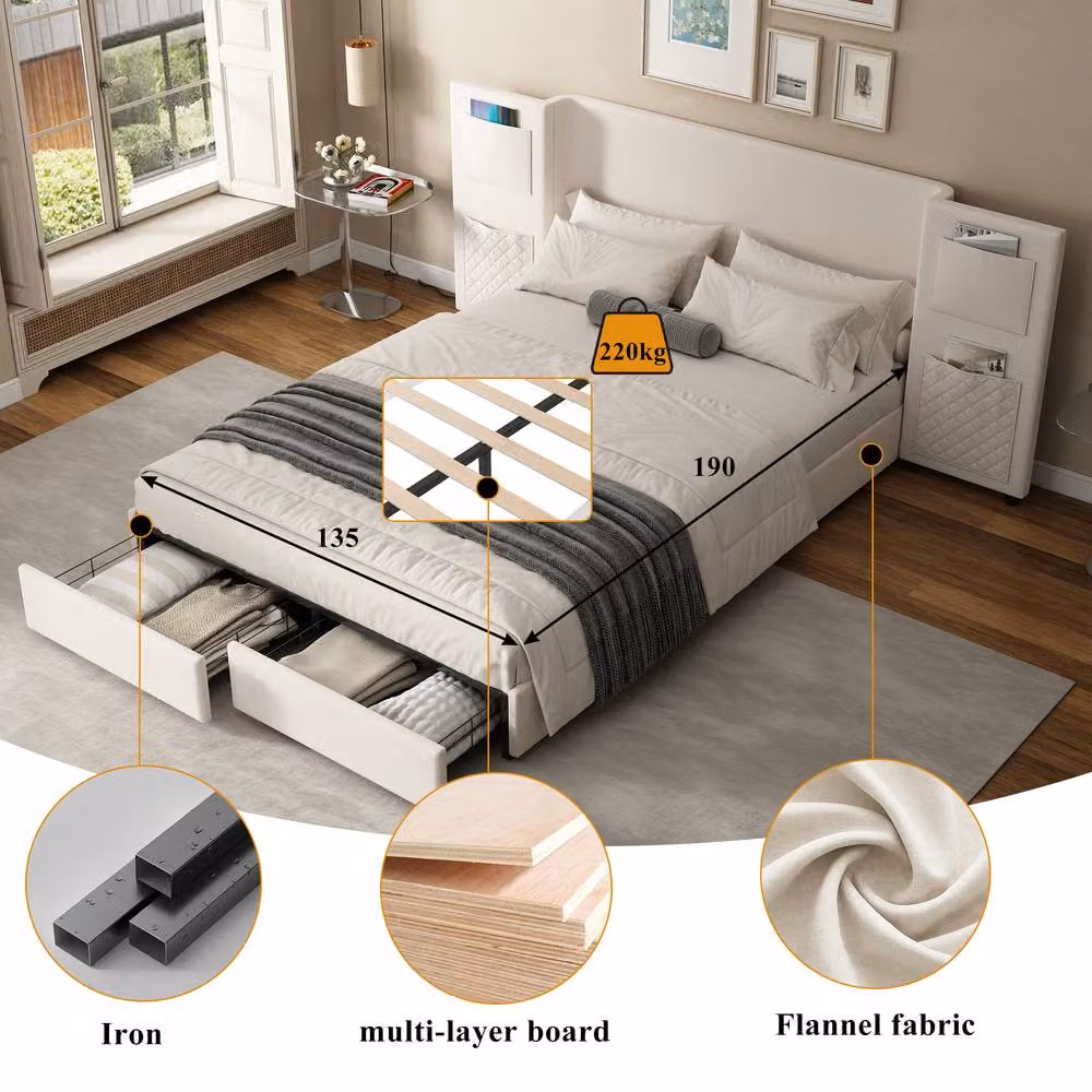 BTM Upholstered Double Bed with Drawers and Bedside Shelf in Beige, W/D/H: 140 x 190 x 135 cm – 4