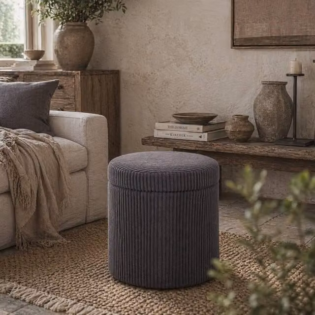 Wyld Haus Yoluha Round Grey Corduroy Storage Ottoman, Diameter: 40 cm – 1