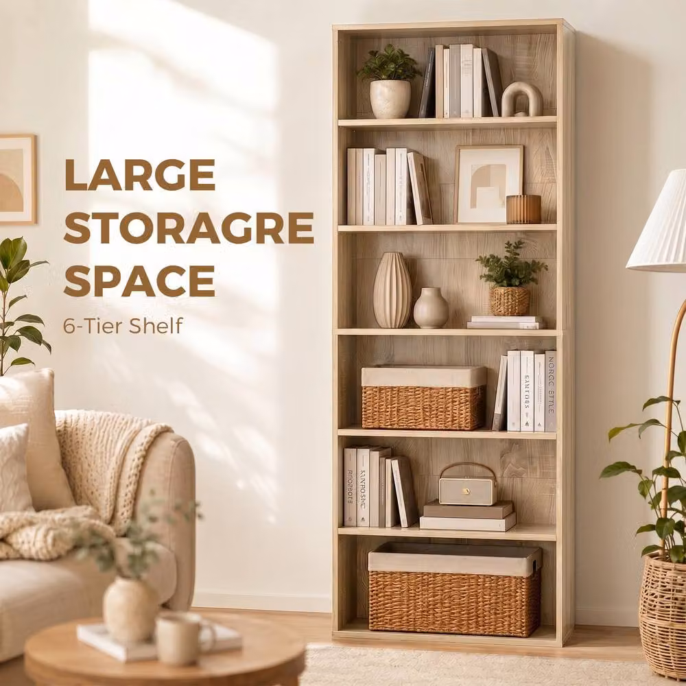 HOMCOM 6 Tier Freestanding Bookshelf with Adjustable Shelves in Natural Oak – 3