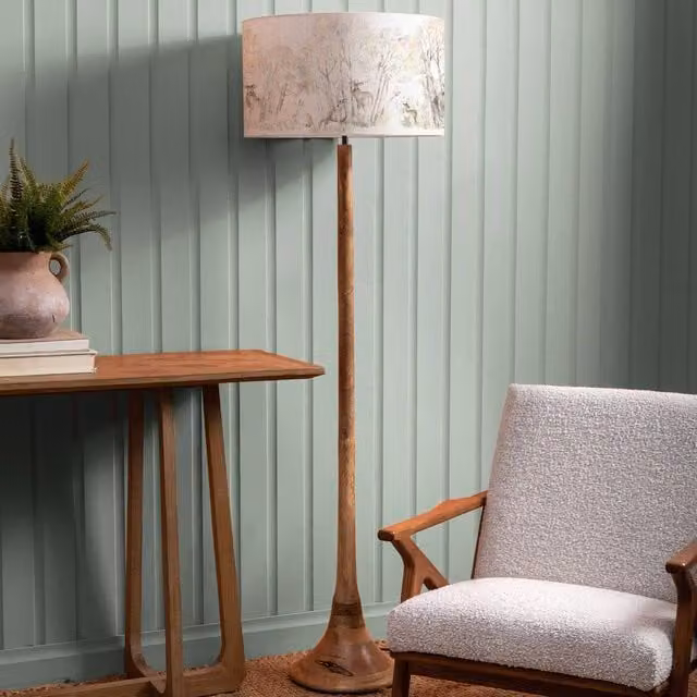 Voyage Maison Kinross Floor Lamp with Enchanted Forest Eva Lampshade in Beige and Wood