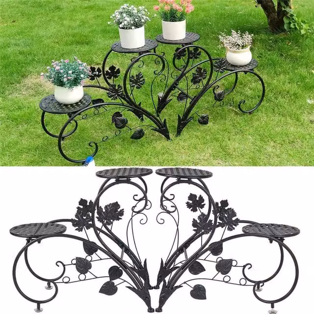 SPETLEK Set of 2 Black Metal Leaf Design Potted Plant Stands