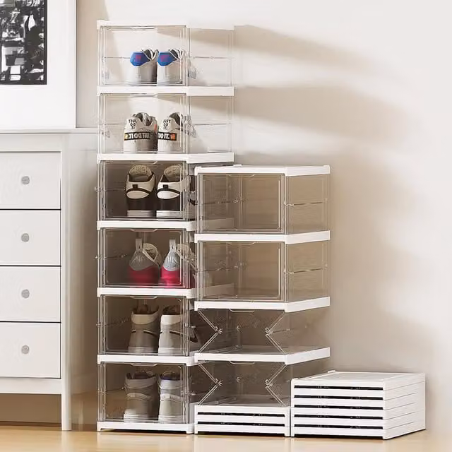 Komore 6 Tier Foldable and Stackable Transparent Plastic Shoe Storage Box, Width: 27.6 cm