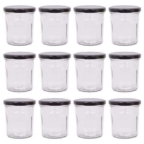 Argon Tableware Glass Jam Jars with Airtight Black Lids, 250ml, Pack of 12