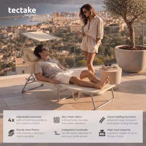 tectake Folding Sun Lounger in Beige with Sun Canopy and Adjustable Headrest, W/D/H: 190 x 68 x 111 cm – 3