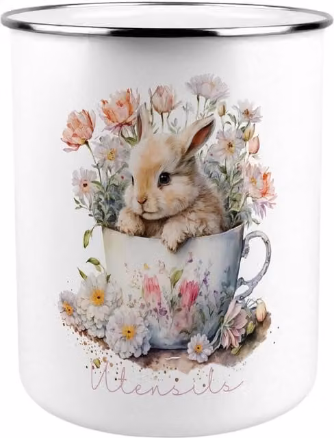 Purely Home Teacup Bunny Kitchen Utensil Holder in Pink and White
