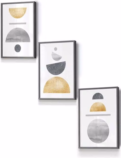 ARTZE Mid Century Geometric Abstract Framed Wall Art in Golden Yellow and Grey, W: 33 cm, H: 45 cm, D: 2 cm