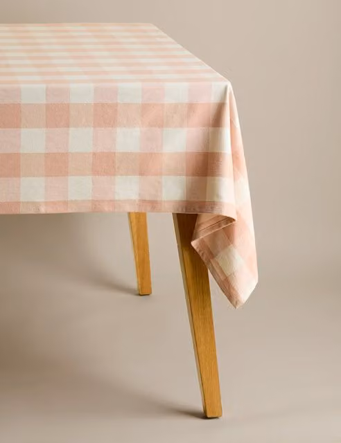 M&S Pure Cotton Checked Gingham Tablecloth in Blush Pink