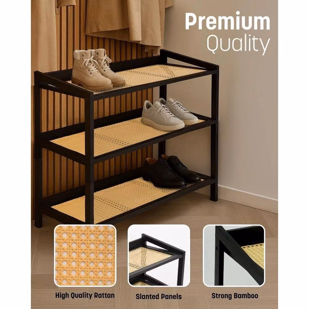FORGEVIO Black 3-Tier Bamboo and Rattan Shoe Rack with Rustic Geometric Design – 4