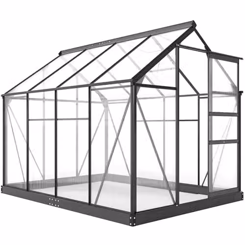 Outsunny Aluminium and Polycarbonate Walk-In Garden Greenhouse with Sliding Door, Grey and Transparent